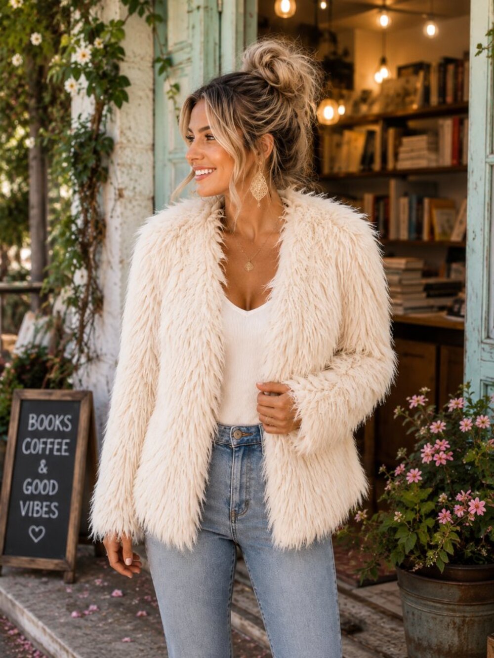 Chelsea & Violet Ivory Shaggy Faux Fur Jacket Size L Boho Cozy Winter